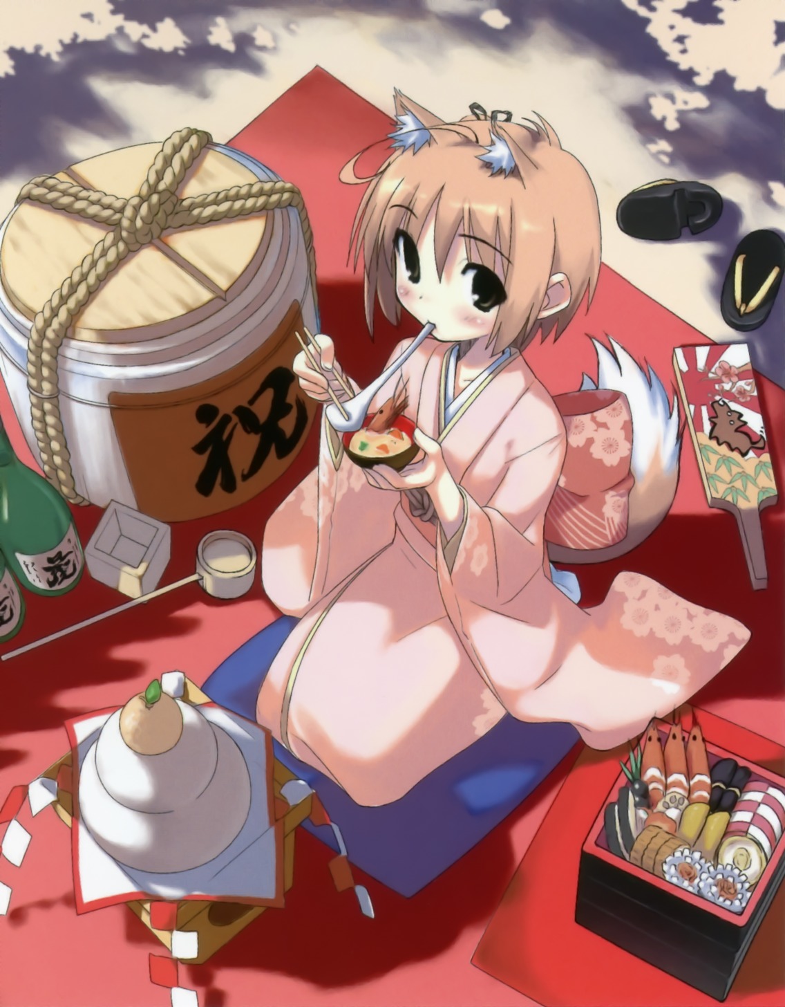 animal_ears, hiide, kimono, kitsune, tail