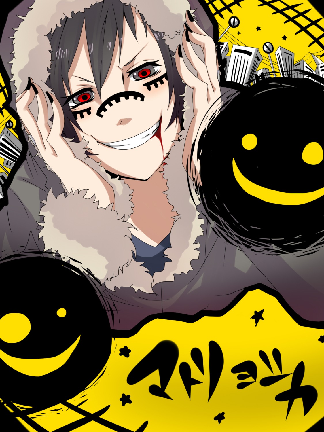 blood, durarara!!, gingitsune_(artist), male, matryoshka_(vocaloid), orihara_izaya, parody, vocaloid