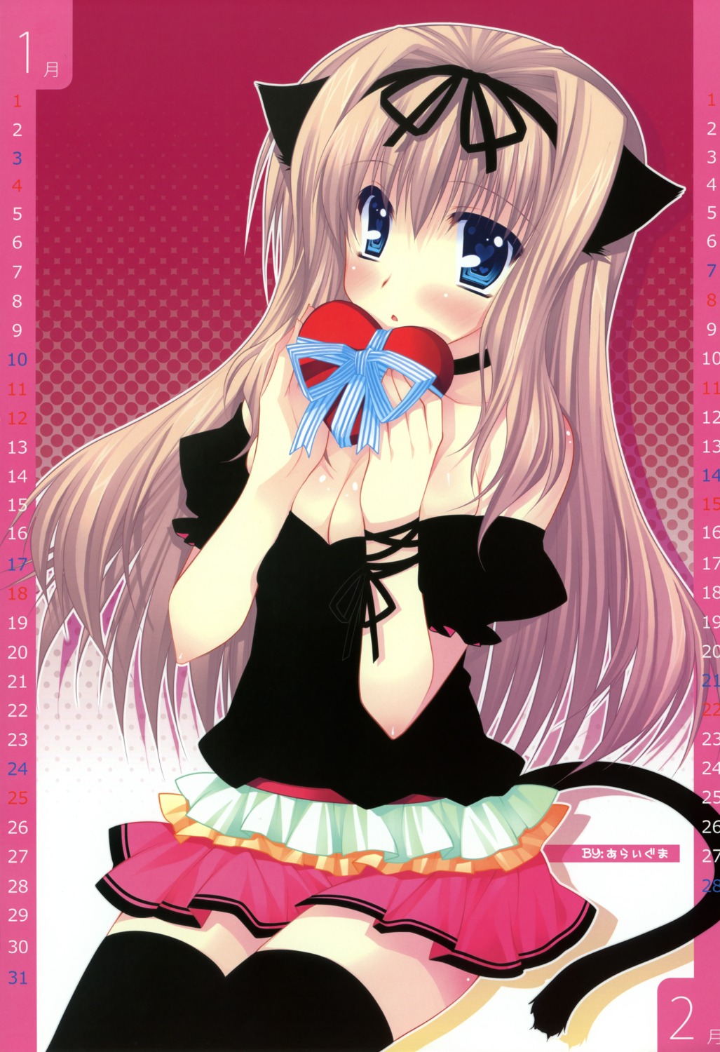 animal_ears, araiguma, calendar, cleavage, nekomimi, pink, tail
