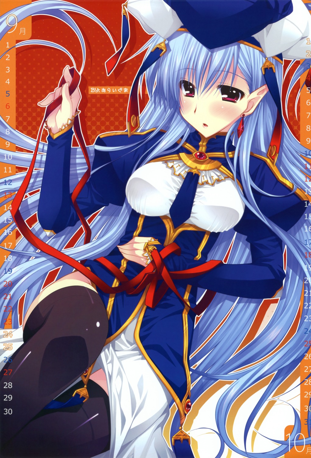 araiguma, calendar, elf, pink, pointy_ears, thighhighs