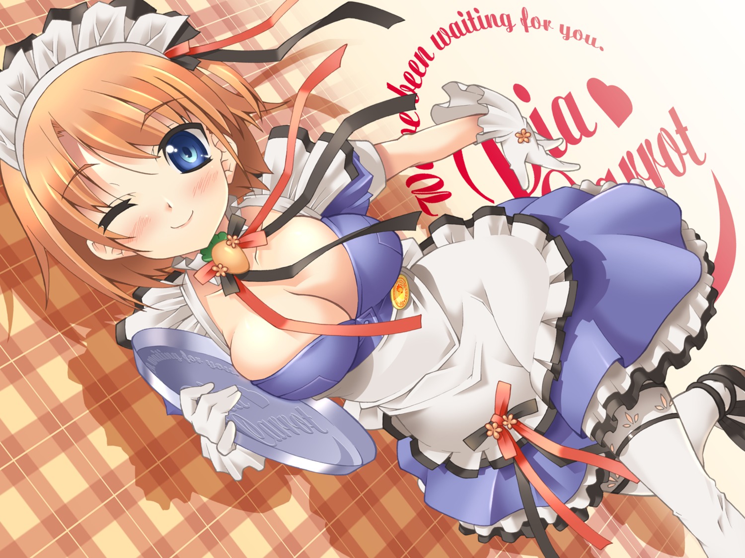 cleavage, kugahara_mimori, pia_carrot, pia_carrot_go, piajong, shinozuka_atsuto, thighhighs, waitress, wallpaper
