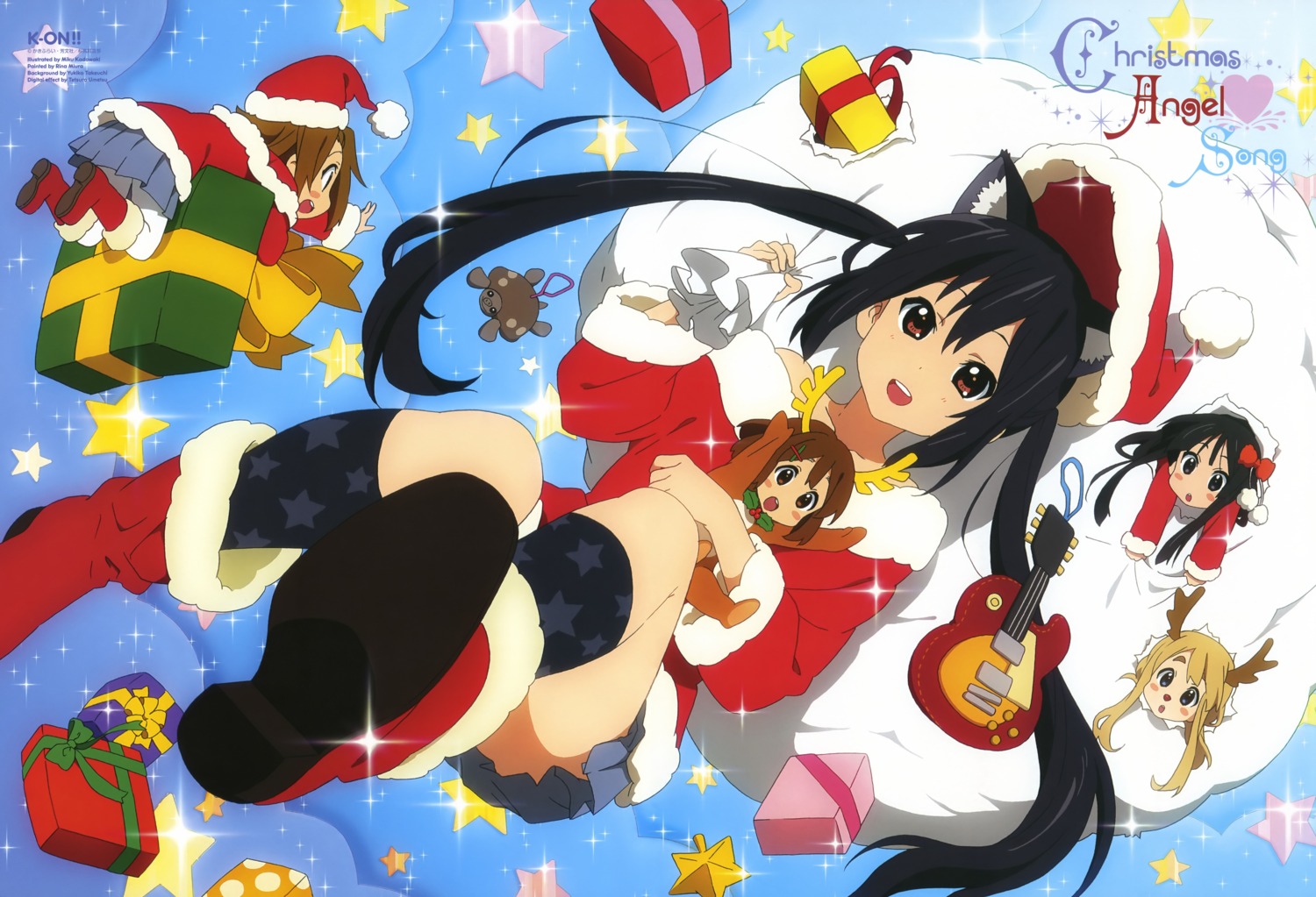 akiyama_mio, animal_ears, chibi, christmas, guitar, hirasawa_yui, k-on!, kadowaki_miku