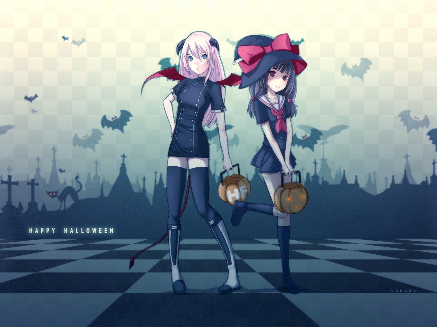 devil, halloween, horns, len|arc, seifuku, tail, thighhighs, wallpaper, wings