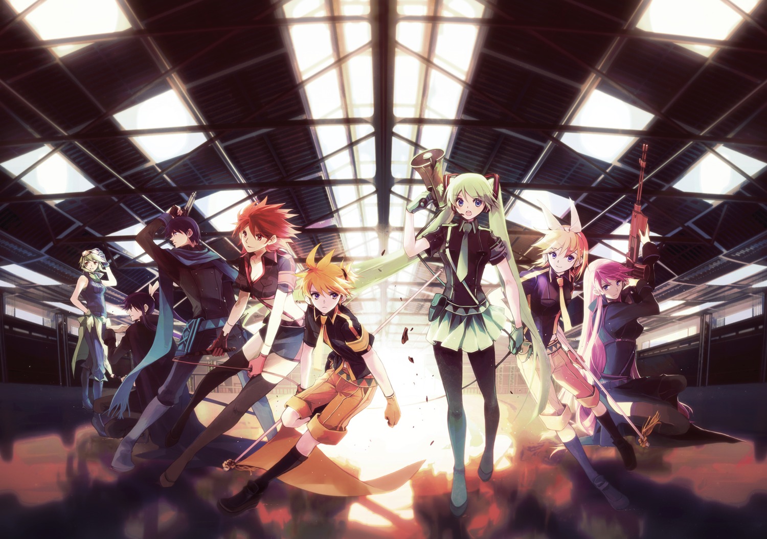 chris, gumi, gun, hatsune_miku, kagamine_len, kagamine_rin, kaito, kamui_gakupo, koi_wa_sensou_(vocaloid), megurine_luka, meiko, pantyhose, vocaloid