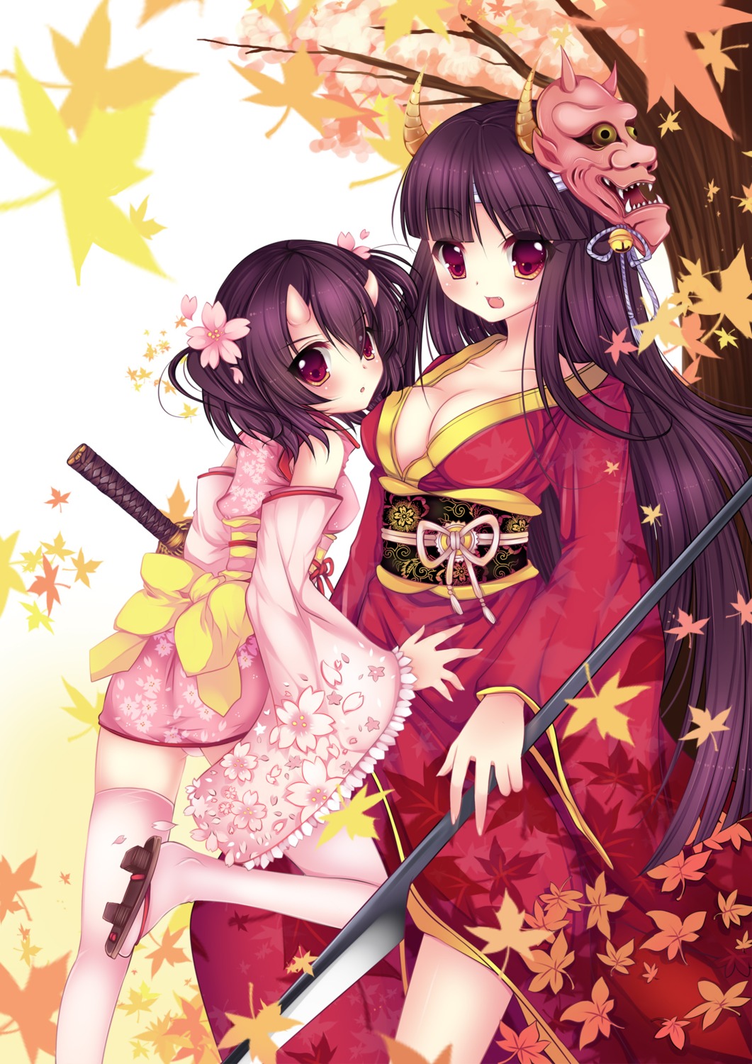 cleavage, hinomoto_oniko, horns, japanese_clothes, kimono, lolita_fashion, net_character, thighhighs