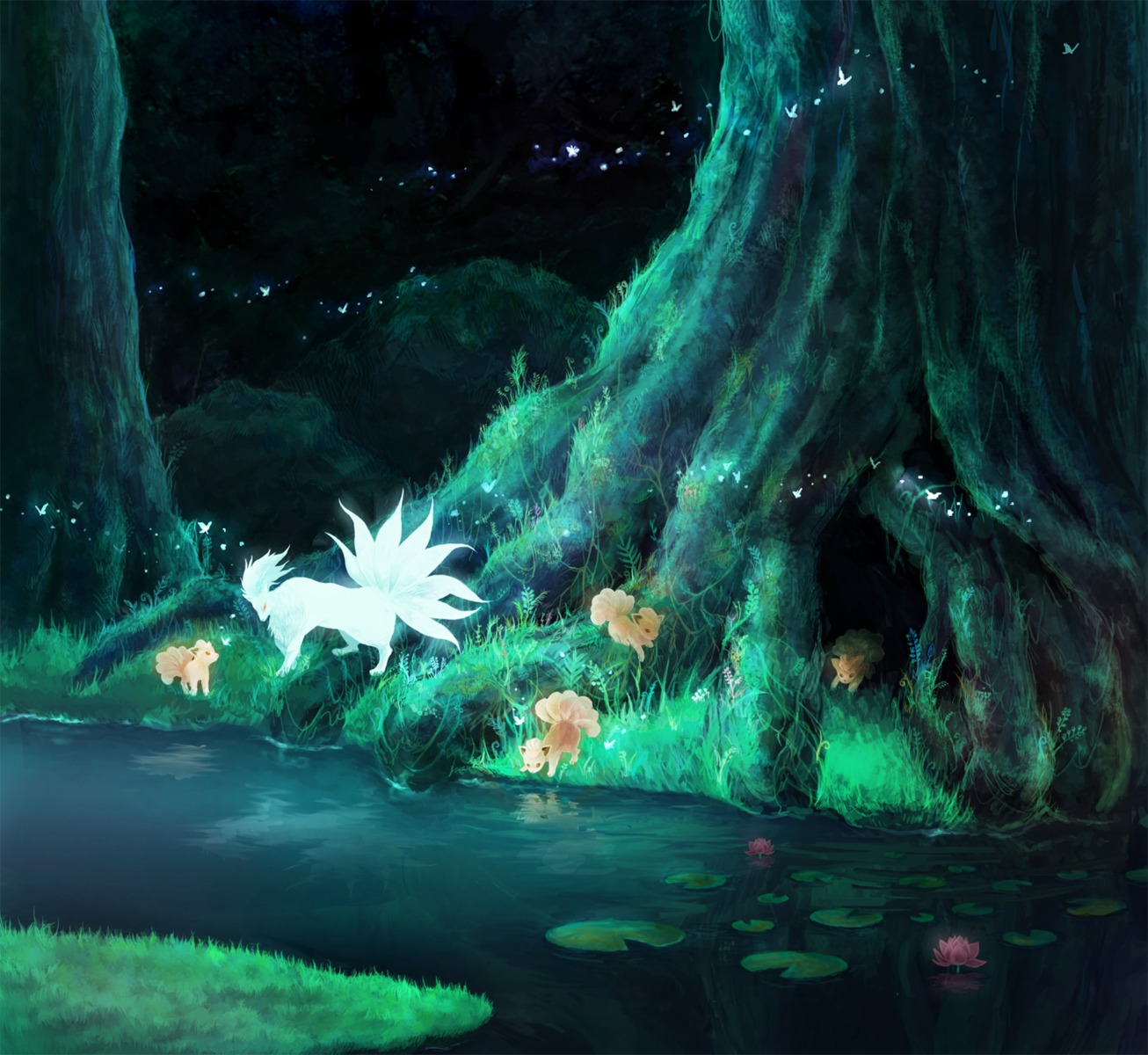 landscape, monster, nazumu, ninetales, pokemon, vulpix
