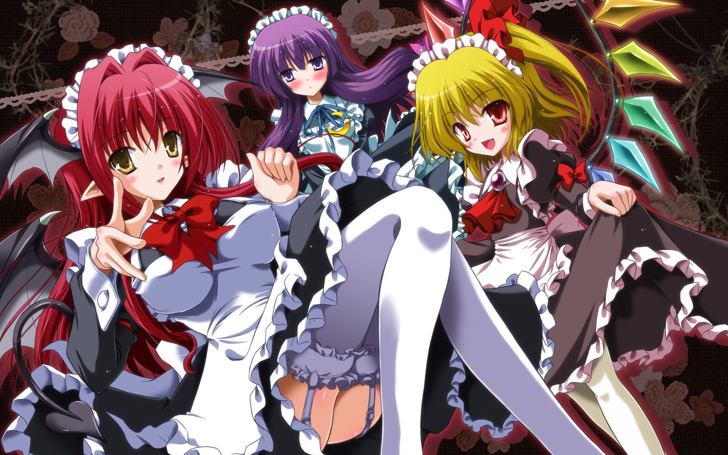 flandre_scarlet, koakuma, maid, patchouli_knowledge, stockings, thighhighs, touhou, wallpaper, yamu