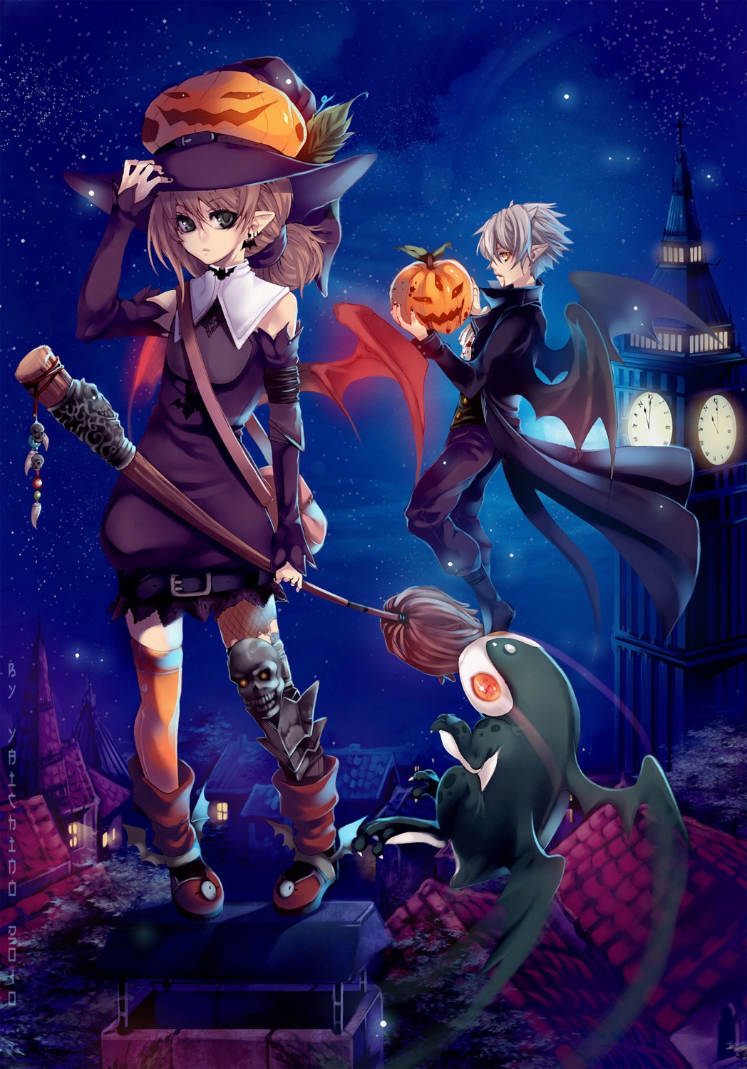 halloween, thighhighs, wings, witch, yaichino