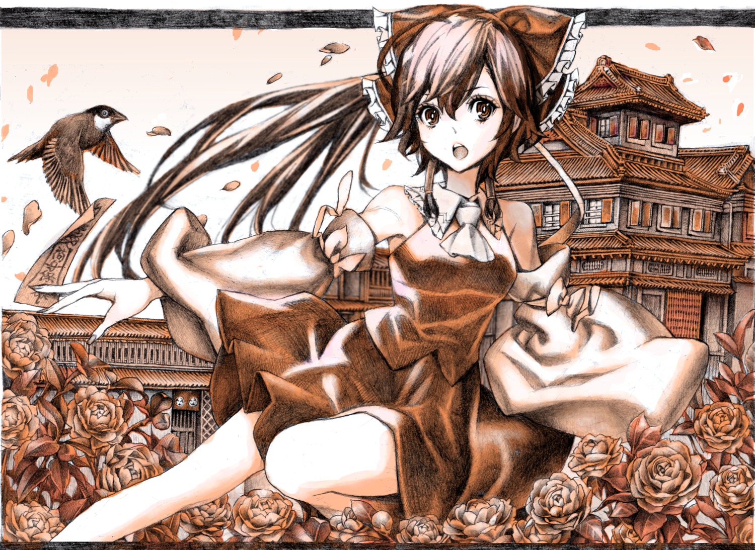 hakurei_reimu, monochrome, nobita, touhou