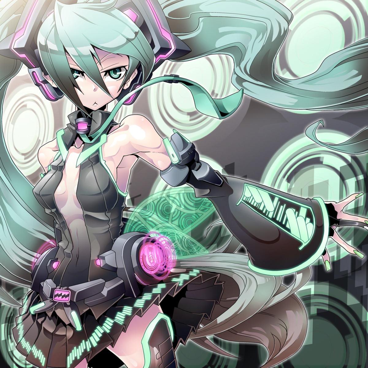 hatsune_miku, headphones, miku_append, no_bra, t.a.k., thighhighs, vocaloid, vocaloid_append