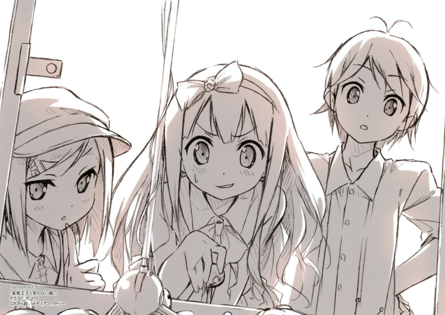 azuki_azusa, hentai_ouji_to_warawanai_neko, inadequate_print_resolution, kantoku, monochrome, tsutsukakushi_tsukiko, yokodera_youto