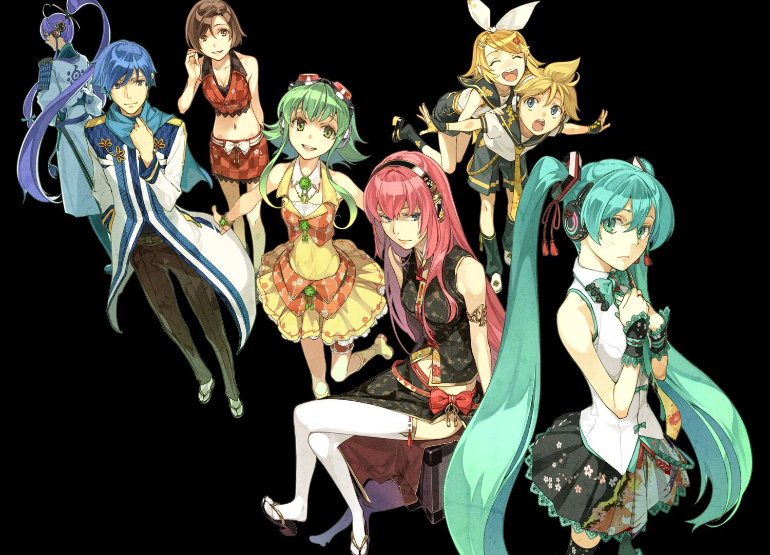 gumi, hatsune_miku, headphones, hidari, jpeg_artifacts, kagamine_len, kagamine_rin, kaito, kamui_gakupo, megurine_luka, meiko, thighhighs, vocaloid