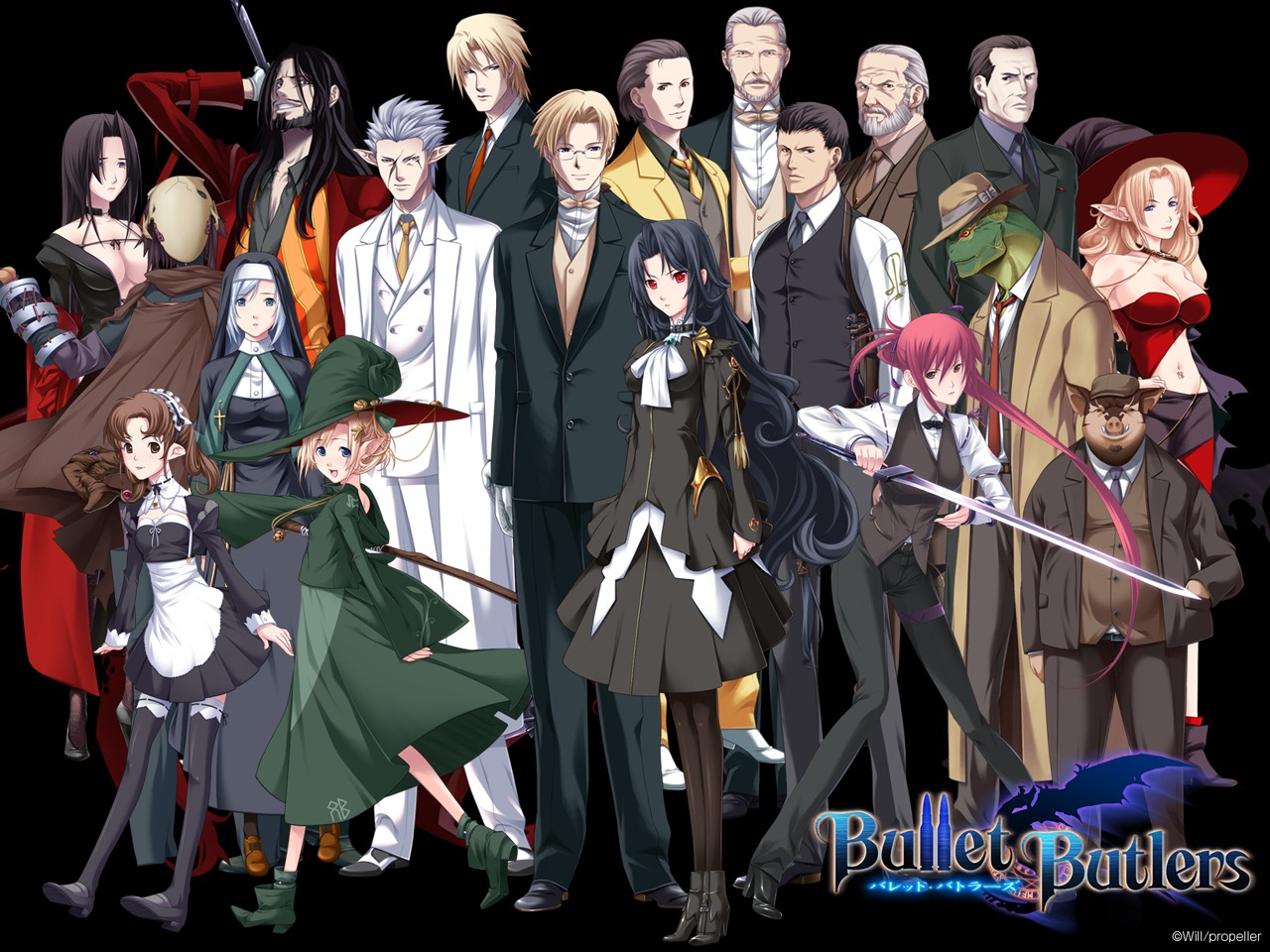 alfred_arrowsmith, ash_garpring, bullet_butlers, carol_peel, chuuou_higashiguchi, cleavage, cowra_roy_ragastia, dress, elf, ernesta_dietrich, gara_ra_redwood, gustave, hell, hope_a_sharma, land_fortenmayer, lolita_fashion, maid, megane, no_bra, nun, pantyhose, pointy_ears, propeller, rick_arrowsmith, selma_fortenmayer, sid_drakless_fortenmayer, sword, thighhighs, valeria_foster, wallpaper, watarase_yuki, witch, wraith