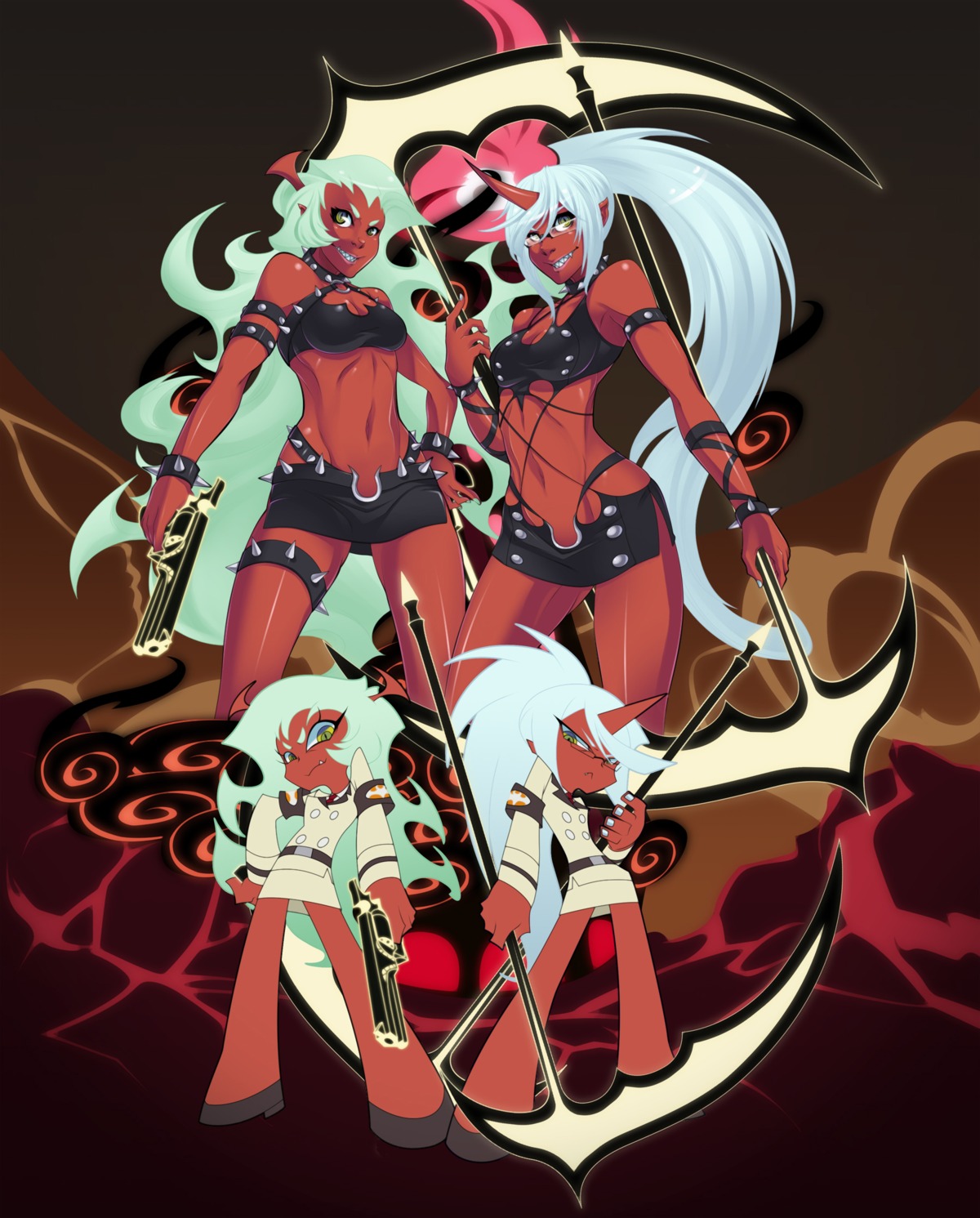 business_suit, chibi, cleavage, devil, garter, gun, horns, kneesocks