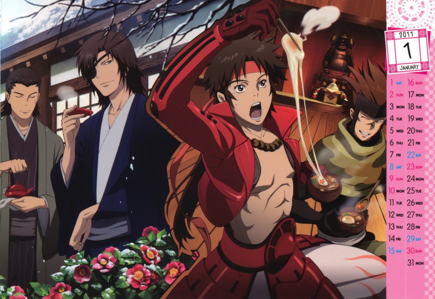armor, calendar, date_masamune, date_masamune_(basara), eyepatch, katakura_kojuurou, katakura_kojuurou_(basara), kimono