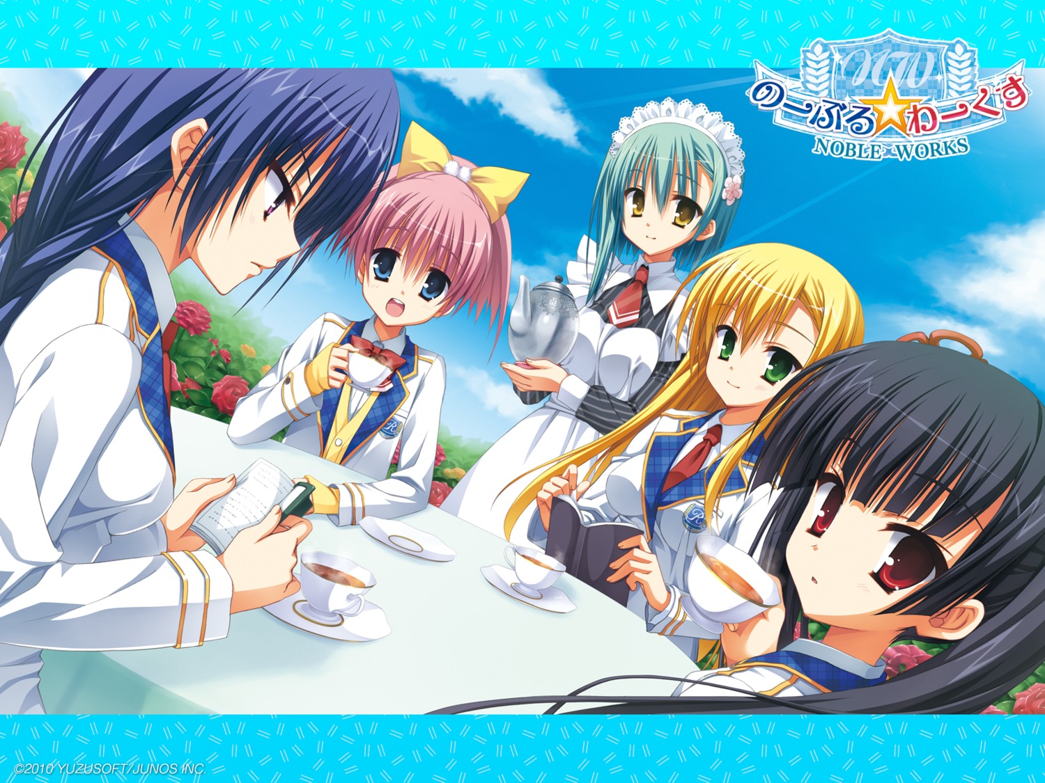 kanemoto_akari, kobuichi, kunihiro_hinata, maid, masamune_shizuru, muririn, nagamitsu_maya, noble_works
