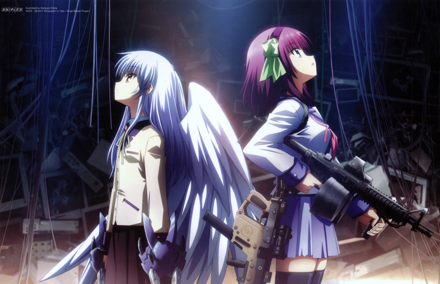 angel_beats!, fixed, gun, hirata_katsuzou, nakamura_yuri, overfiltered, seifuku, tachibana_kanade