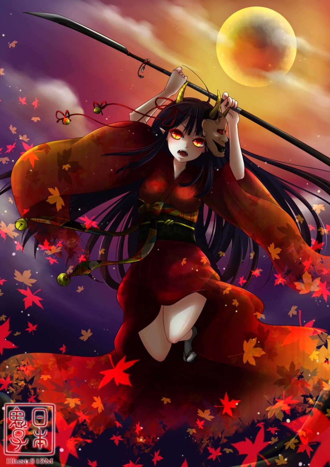 515m, hinomoto_oniko, horns, japanese_clothes, kimono, landscape, net_character