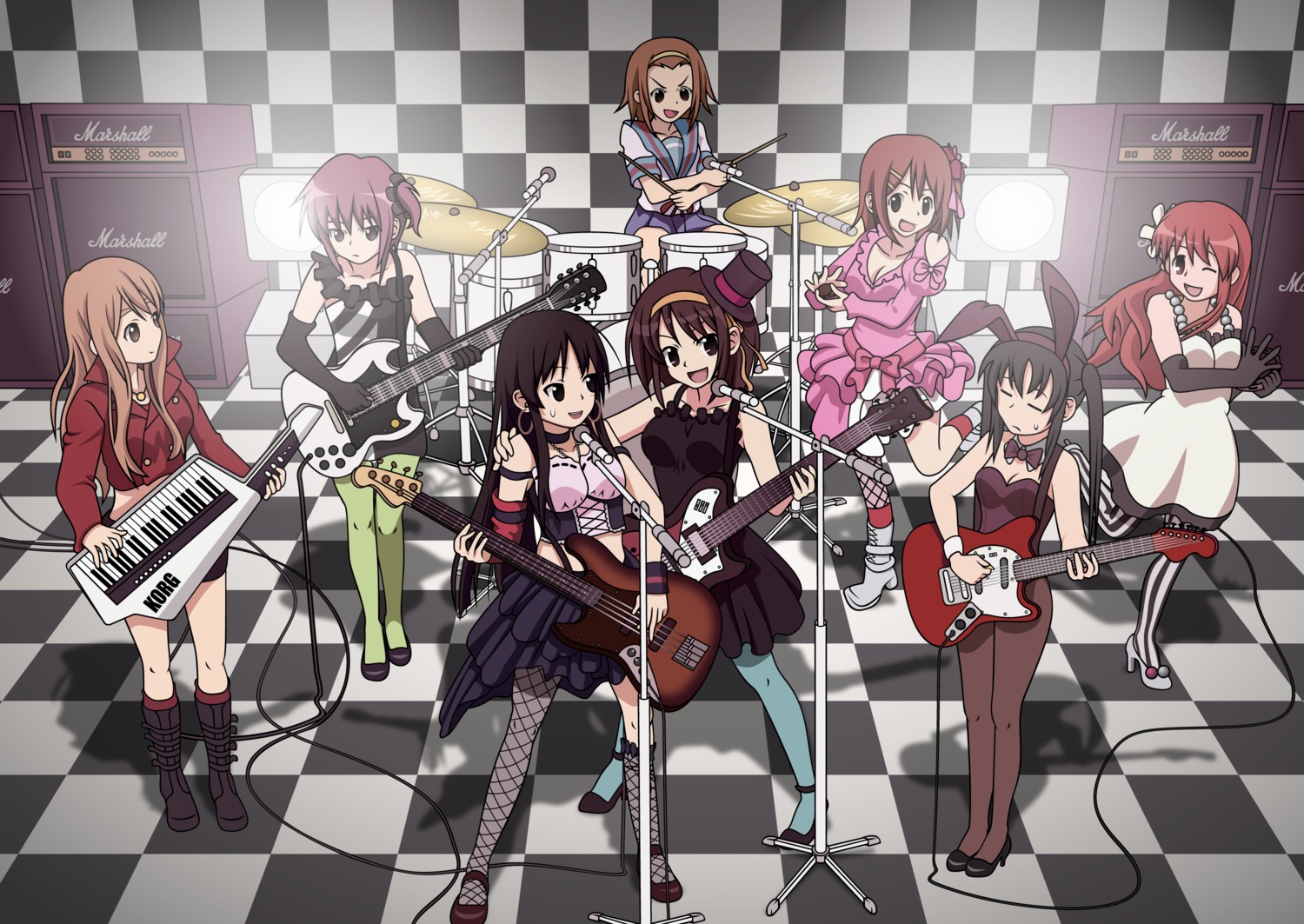 akiyama_mio, animal_ears, asahina_mikuru, bunny_ears, bunny_girl, crossover, dress, fishnets, guitar, hirasawa_yui, k-on!, kotobuki_tsumugi, mg42, nagato_yuki, nakano_azusa, pantyhose, seifuku, suzumiya_haruhi, suzumiya_haruhi_no_yuuutsu, tainaka_ritsu