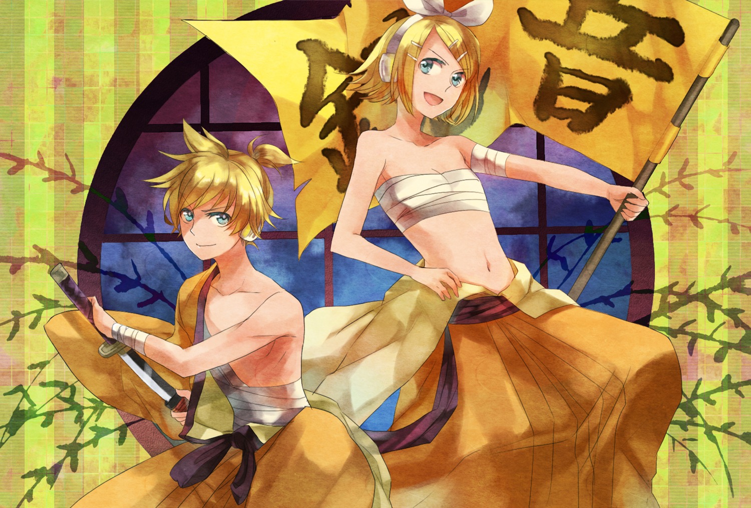 bandages, kagamine_len, kagamine_rin, sarashi, shion_(kizuro), sword, vocaloid