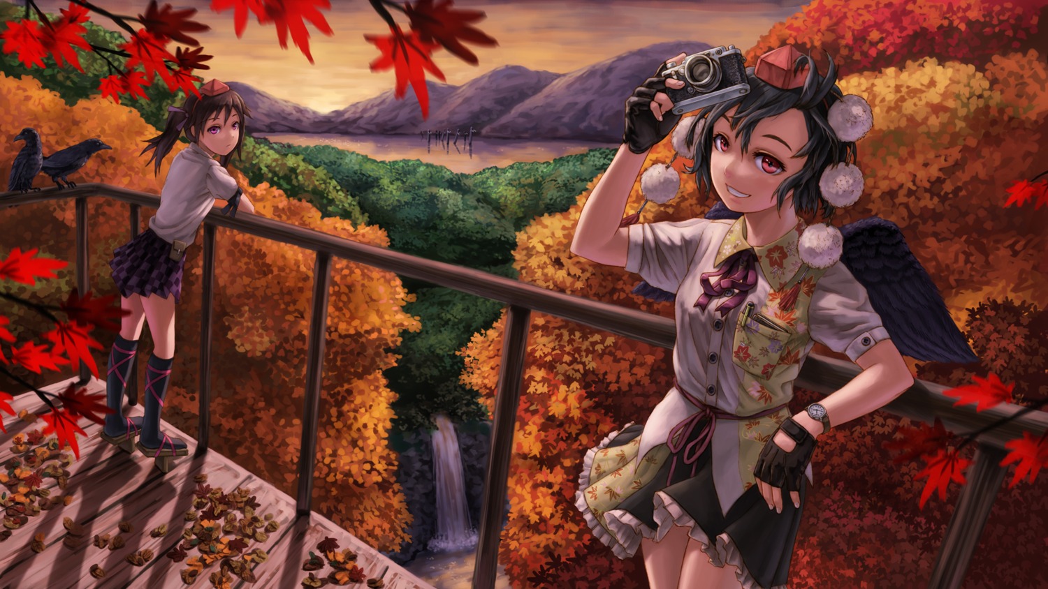 himekaidou_hatate, kurione, shameimaru_aya, touhou, wings