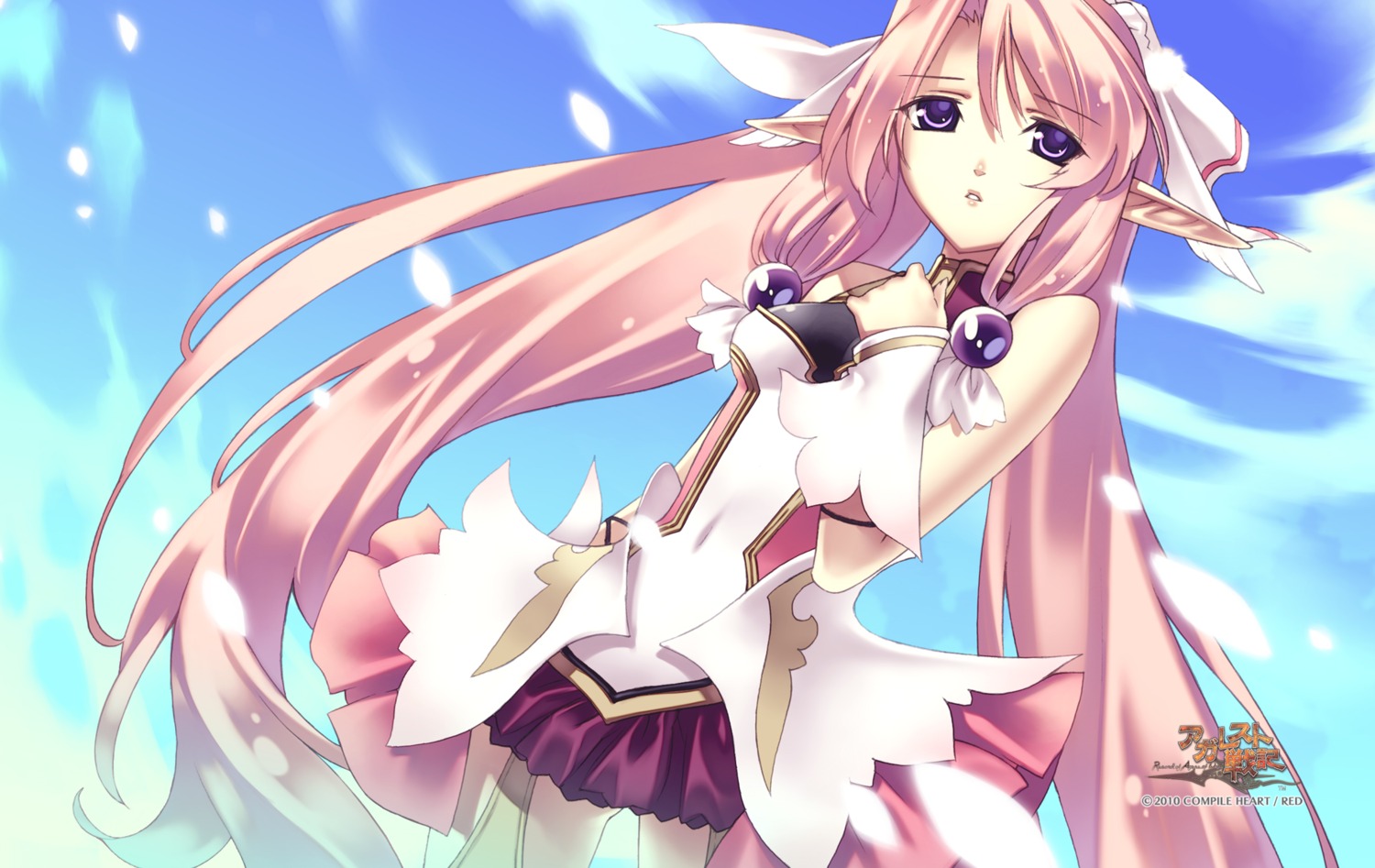 agarest_senki, dress, elf, ellis_(agarest_senki), hirano_katsuyuki, pointy_ears, stockings, thighhighs, wallpaper