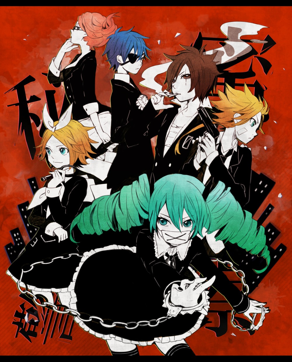 dress, eyepatch, gun, hatsune_miku, himitsu_keisatsu_(vocaloid), kagamine_len, kagamine_rin, kaito