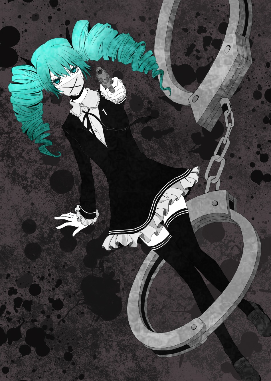 dress, gun, hatsune_miku, himitsu_keisatsu_(vocaloid), tama_(songe), thighhighs, vocaloid