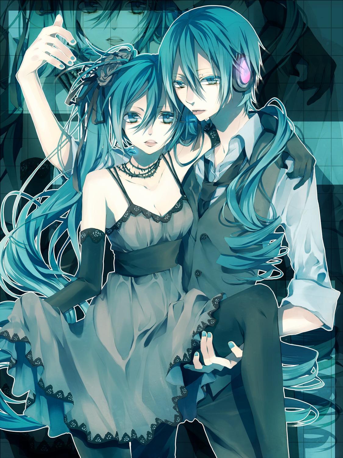 dress, genderswap, hatsune_miku, hatsune_mikuo, pantyhose, tsukioka_tsukiho, vocaloid
