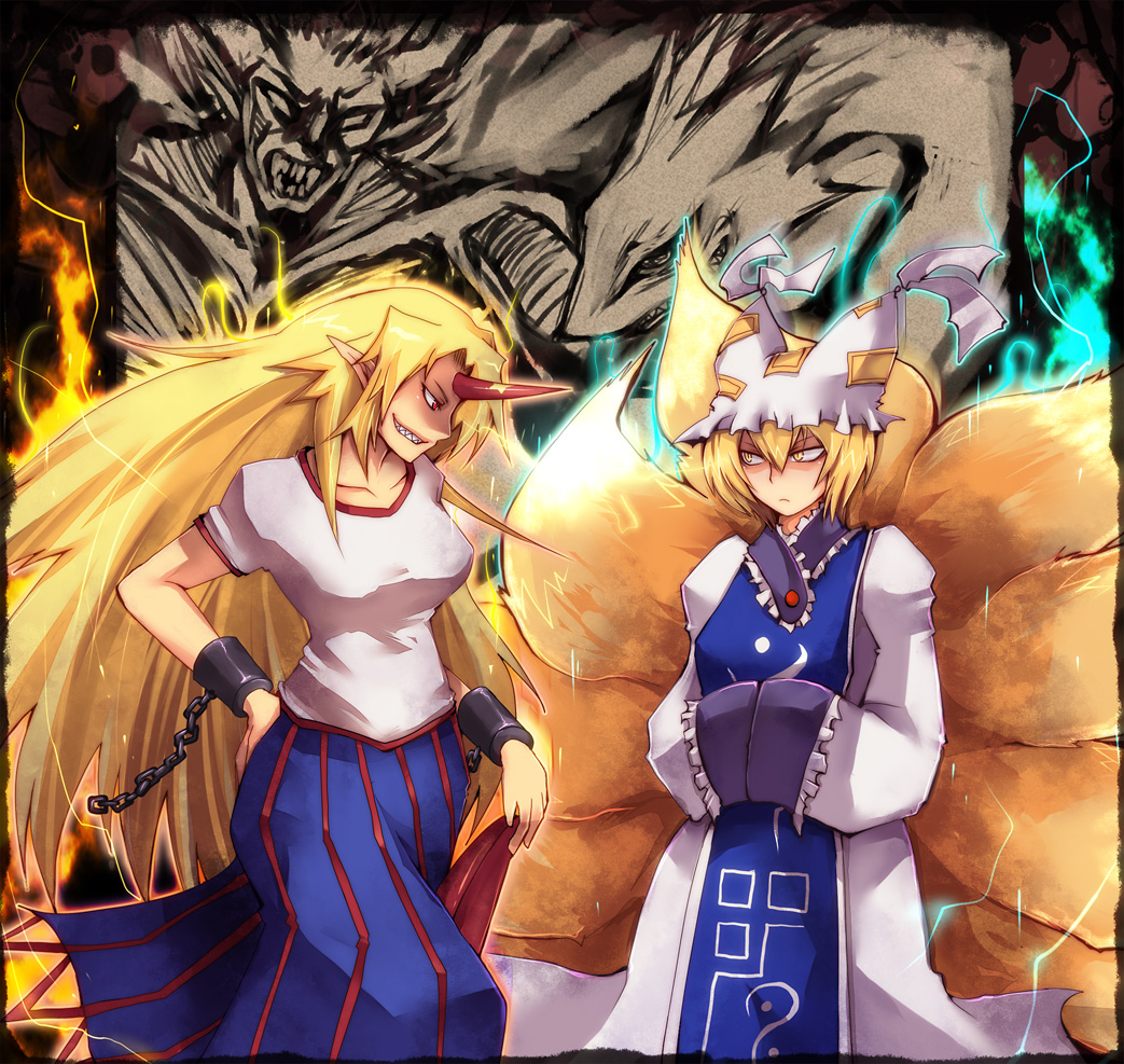 animal_ears, horns, hoshiguma_yuugi, maho_(boku_no_kao_wo_otabeyo), tail, touhou, yakumo_ran