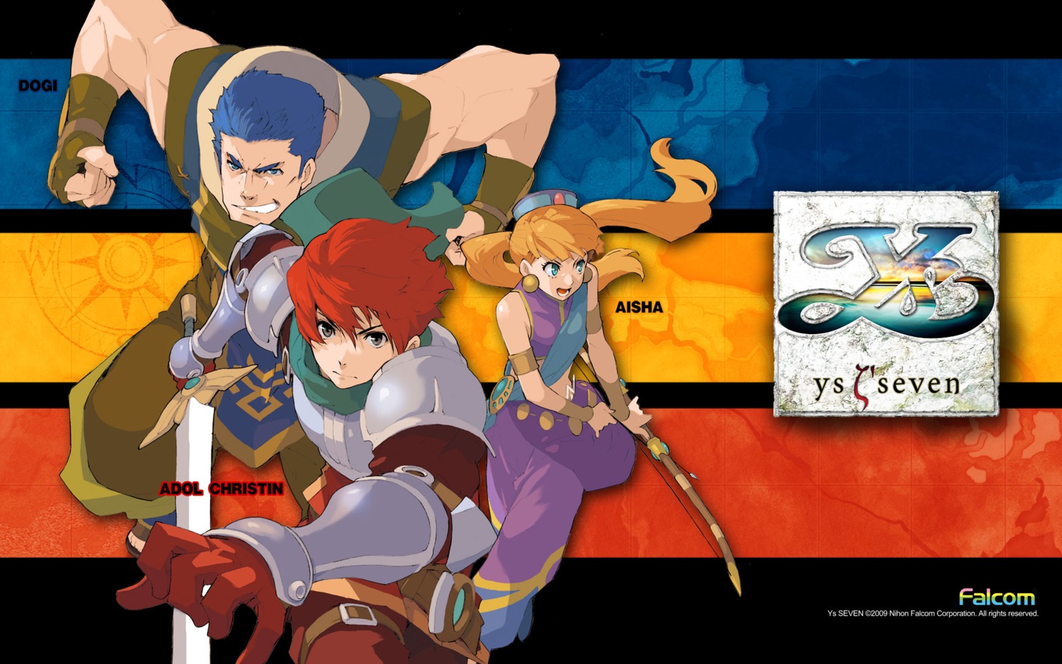 adol_christin, aisha_(ys), armor, dogi, falcom, sword, wallpaper, ys