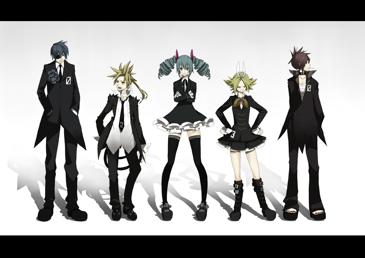 bandages, eyepatch, fuu_takara, hatsune_miku, himitsu_keisatsu_(vocaloid), kagamine_len, kagamine_rin, kaito, meiko, thighhighs, vocaloid