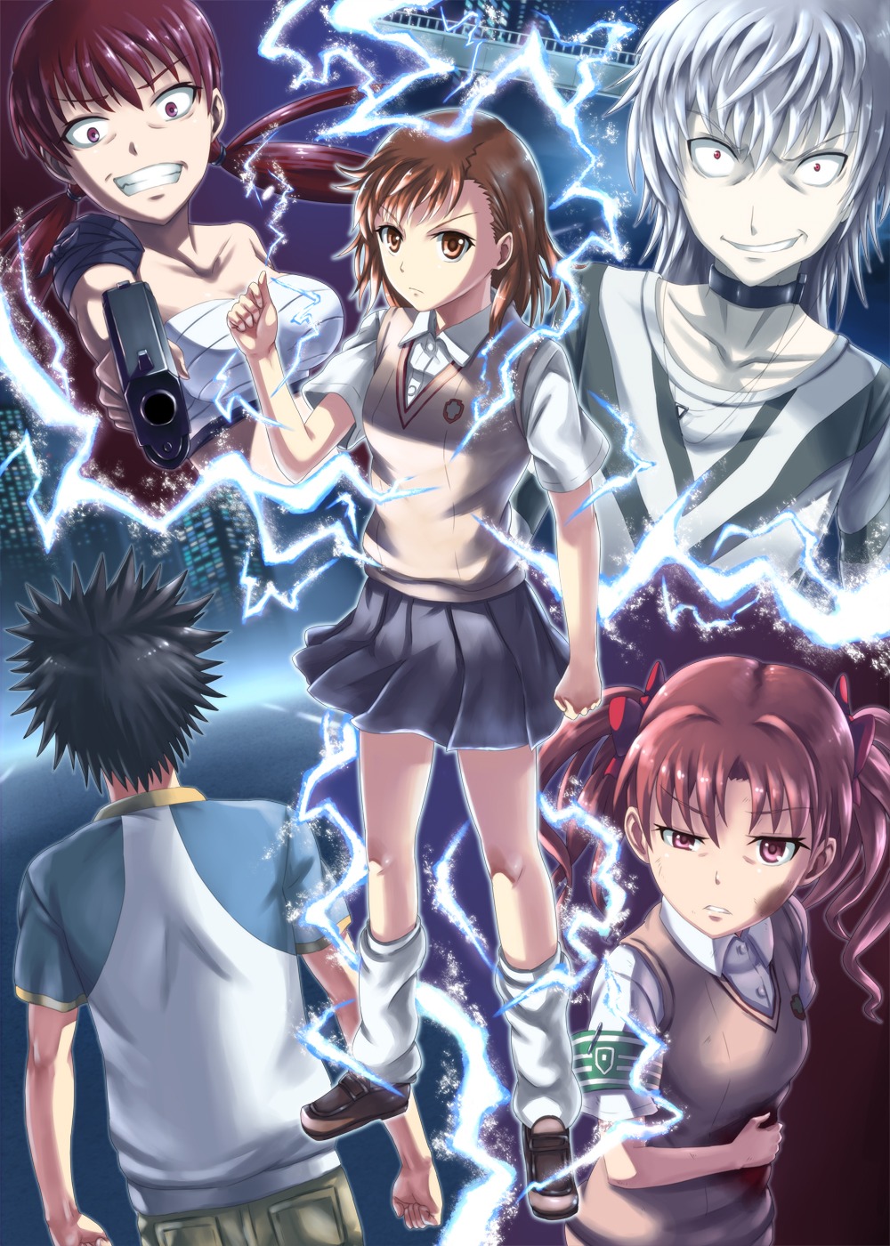 accelerator, blood, gun, kamijou_touma, misaka_mikoto, musujime_awaki, sarashi, seifuku