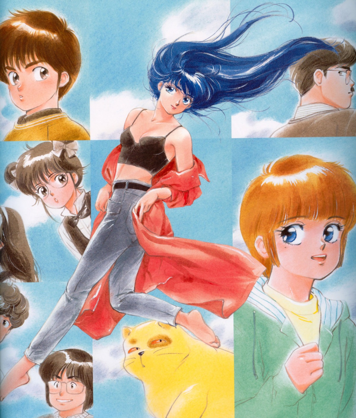 ayukawa_madoka, binding_discoloration, cleavage, hatta_kazuya, hiyama_hikaru, jingoro, kasuga_kyousuke, kasuga_manami, kasuga_takashi, kimagure_orange_road, komatsu_seiji, megane, neko, open_shirt, seifuku, takada_akemi, undressing