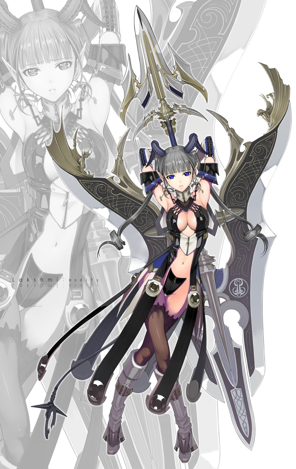 cleavage, devil, horns, maebari, nakaba_reimei, sword, thighhighs