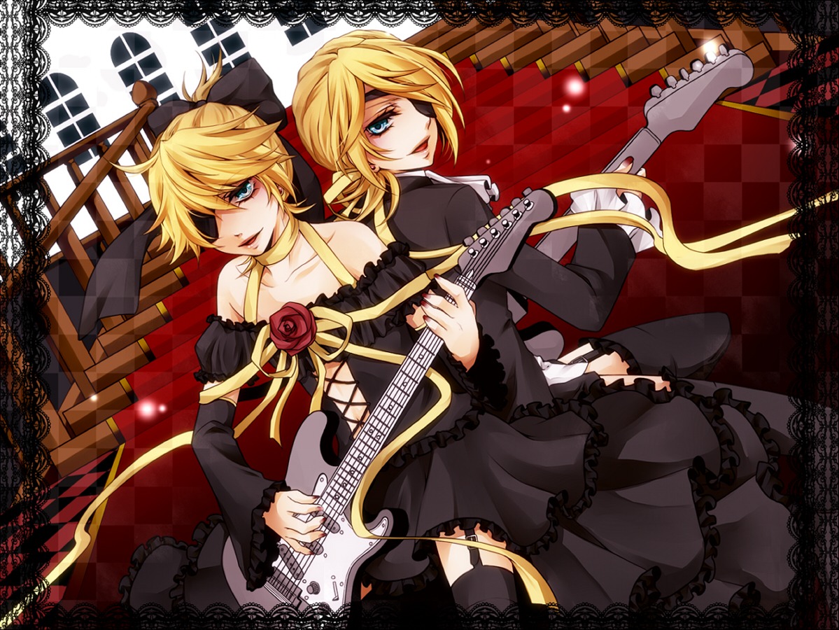 crossdress, dress, eyepatch, guitar, imitation_black_(vocaloid), kagamine_len, kagamine_rin, rico_(fbn3)