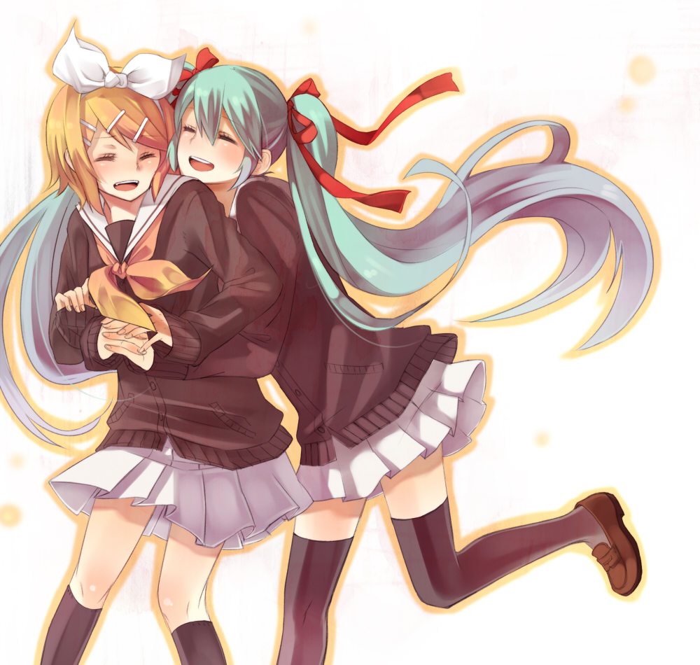 hatsune_miku, kagamine_rin, kamogawa_akira, seifuku, thighhighs, vocaloid