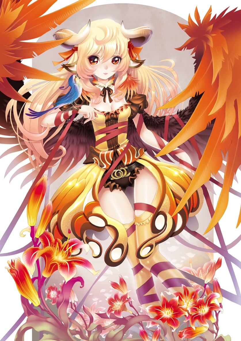 animal_ears, horns, maeda_hiroyuki, thighhighs, wings