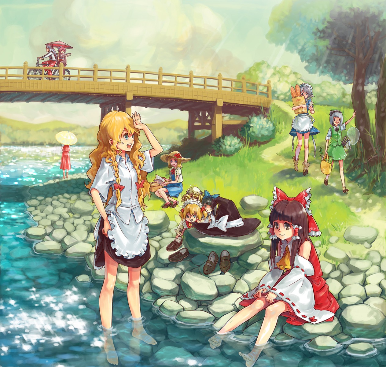 fujiwara_no_mokou, hakurei_reimu, izayoi_sakuya, kazami_yuuka, kirisame_marisa, konpaku_youmu, momiji, mystia_lorelei, touhou