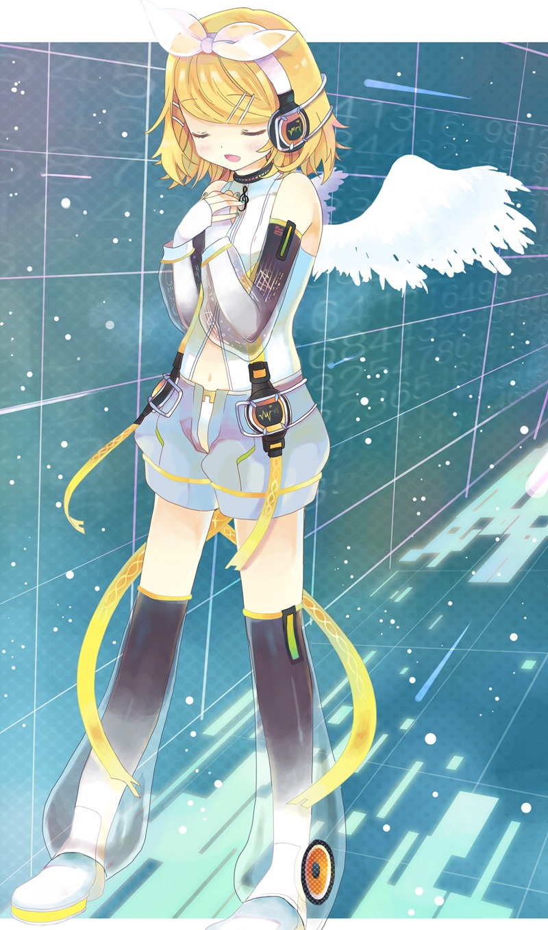 alitou, headphones, kagamine_rin, rin_append, thighhighs, vocaloid, wings