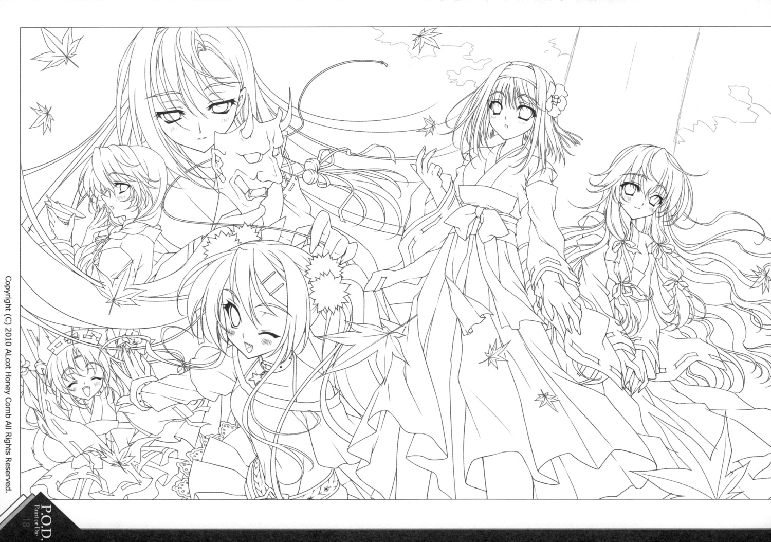 kurenai_no_tsuki, line_art, miko, monochrome, paper_texture, riv, soloist