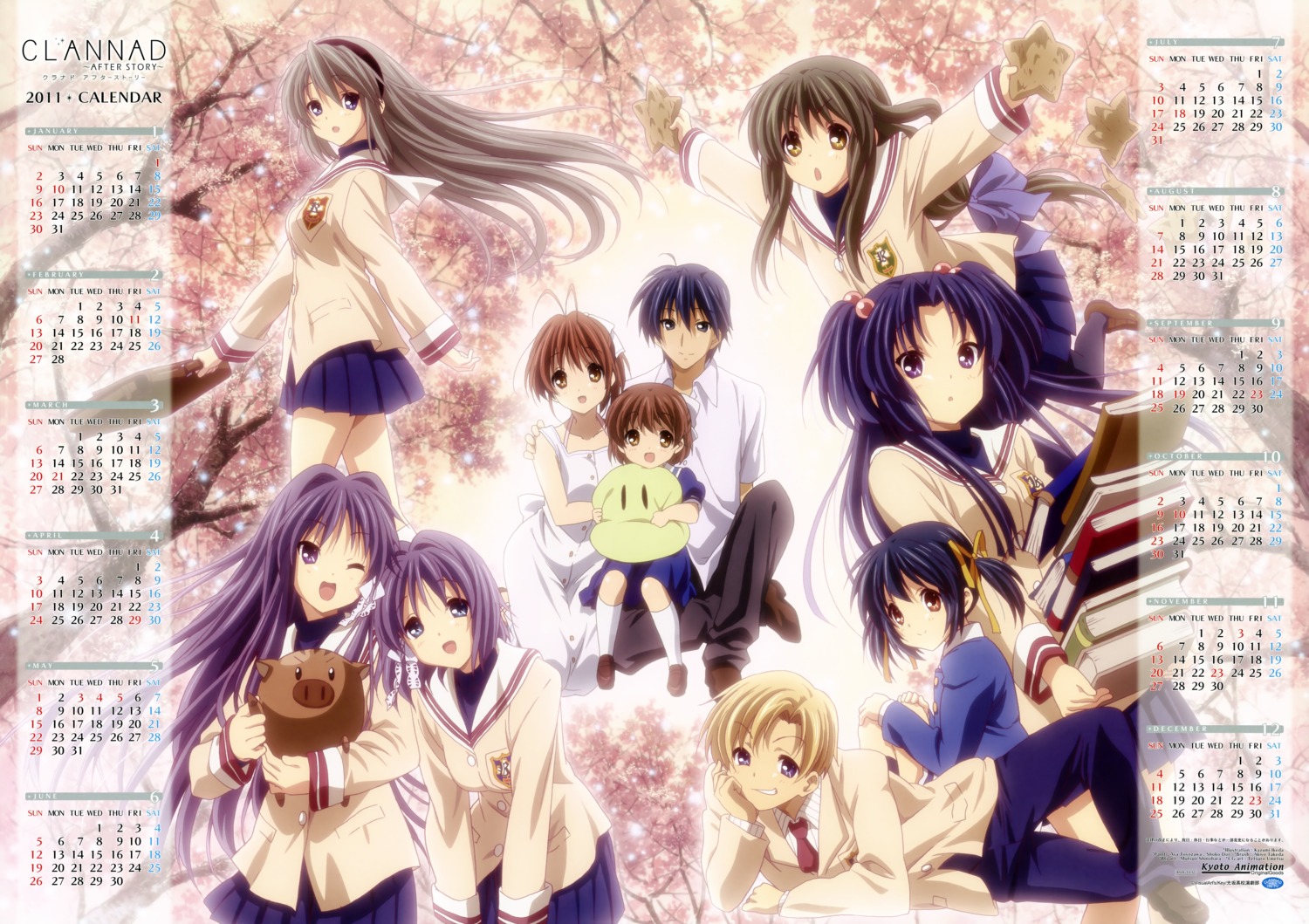 botan_(clannad), calendar, clannad, clannad_after_story, dress, fujibayashi_kyou, fujibayashi_ryou, furukawa_nagisa
