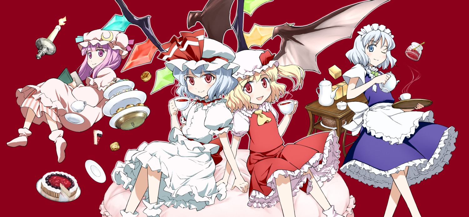 flandre_scarlet, izayoi_sakuya, patchouli_knowledge, remilia_scarlet, takahata_yuki, touhou, wings