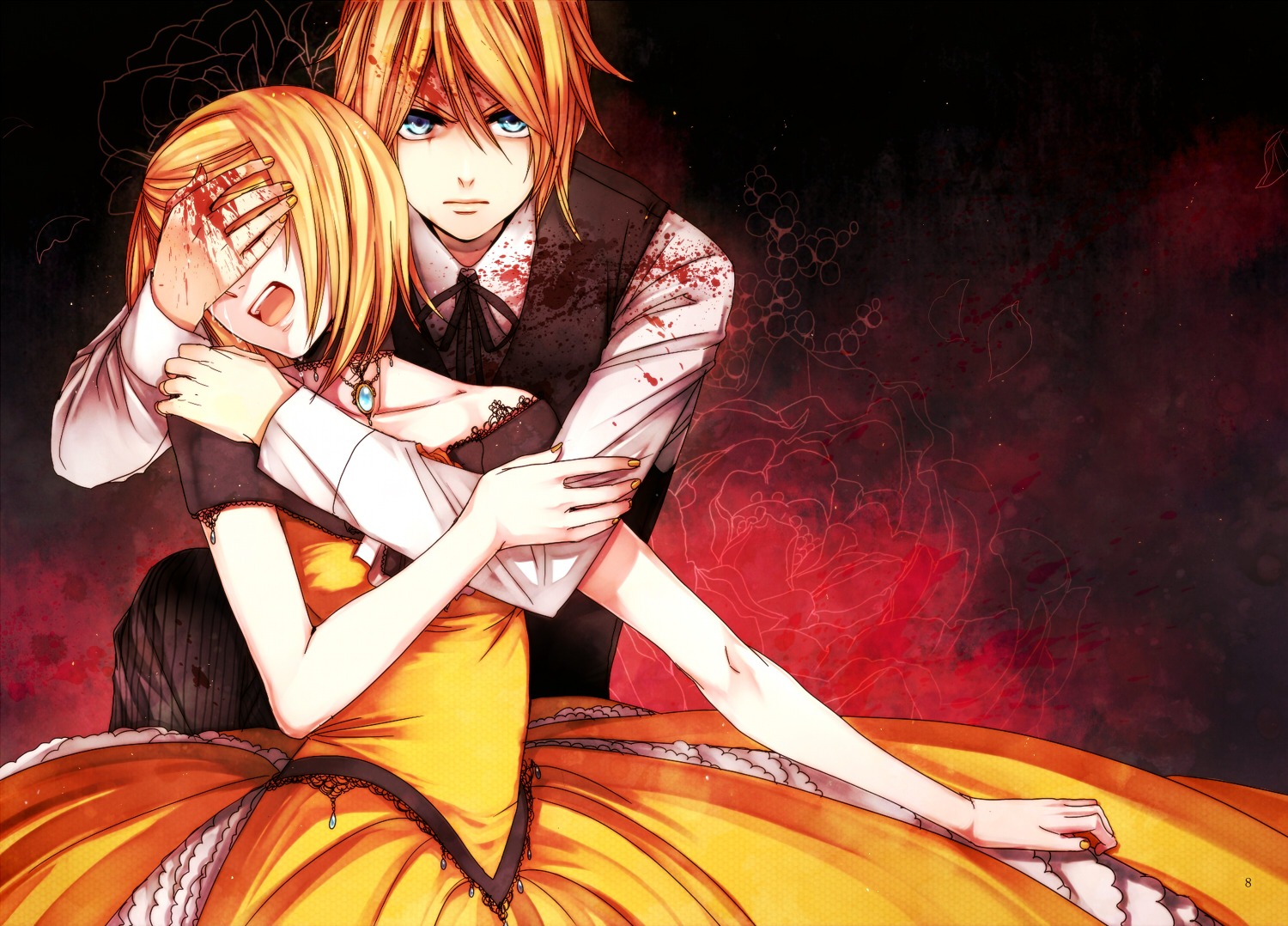 aku_no_meshitsukai_(vocaloid), blood, dress, kagamine_len, kagamine_rin, sagula, vocaloid