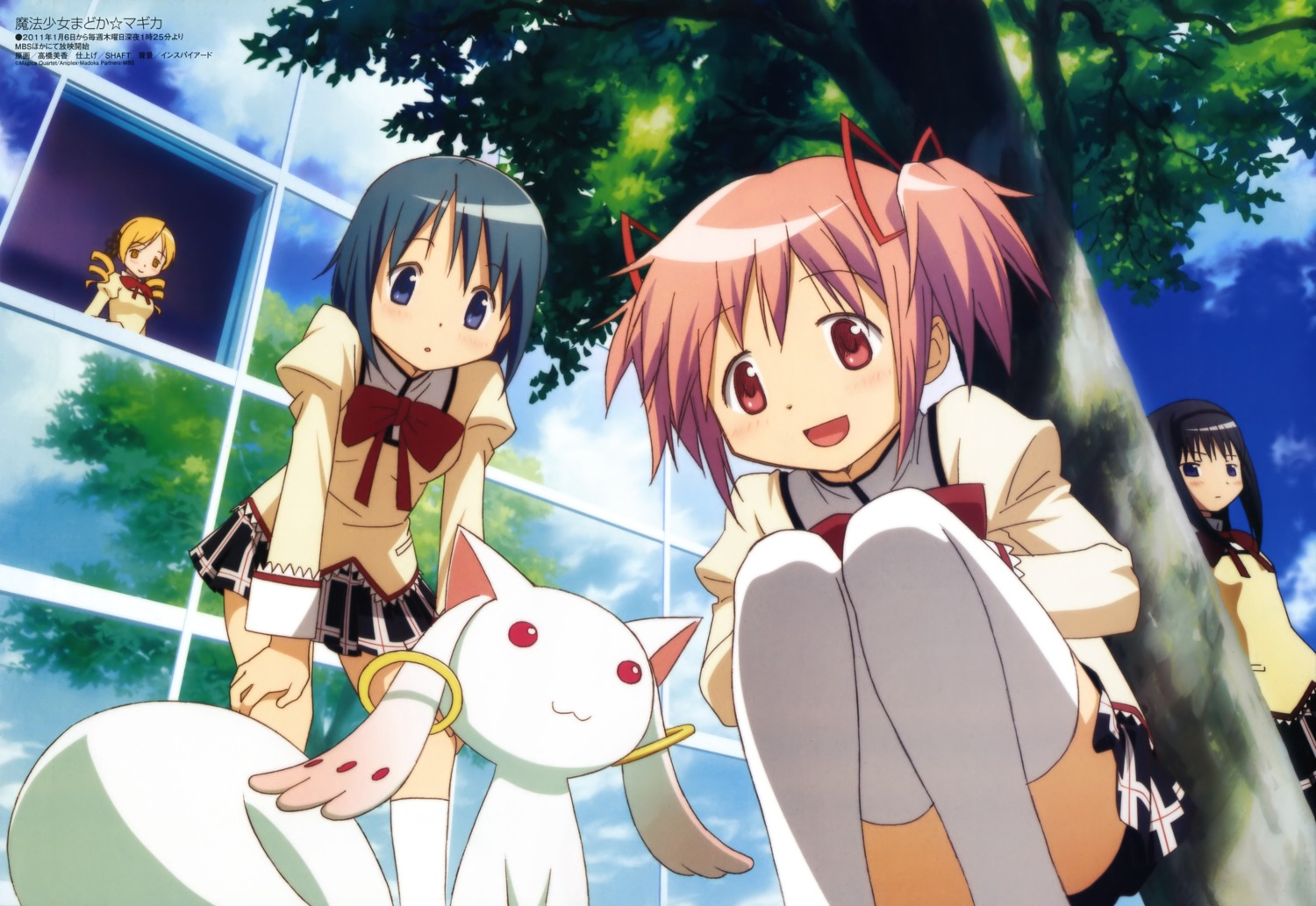 akemi_homura, kaname_madoka, kyubey, mahou_shoujo_madoka_magica, miki_sayaka, seifuku, takahashi_mika, thighhighs, tomoe_mami