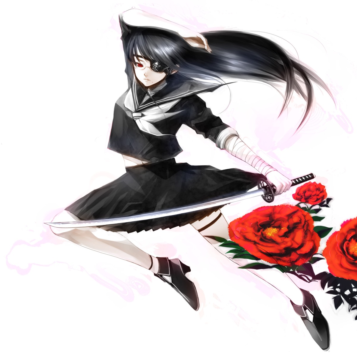 bandages, eyepatch, seifuku, sword, takashima