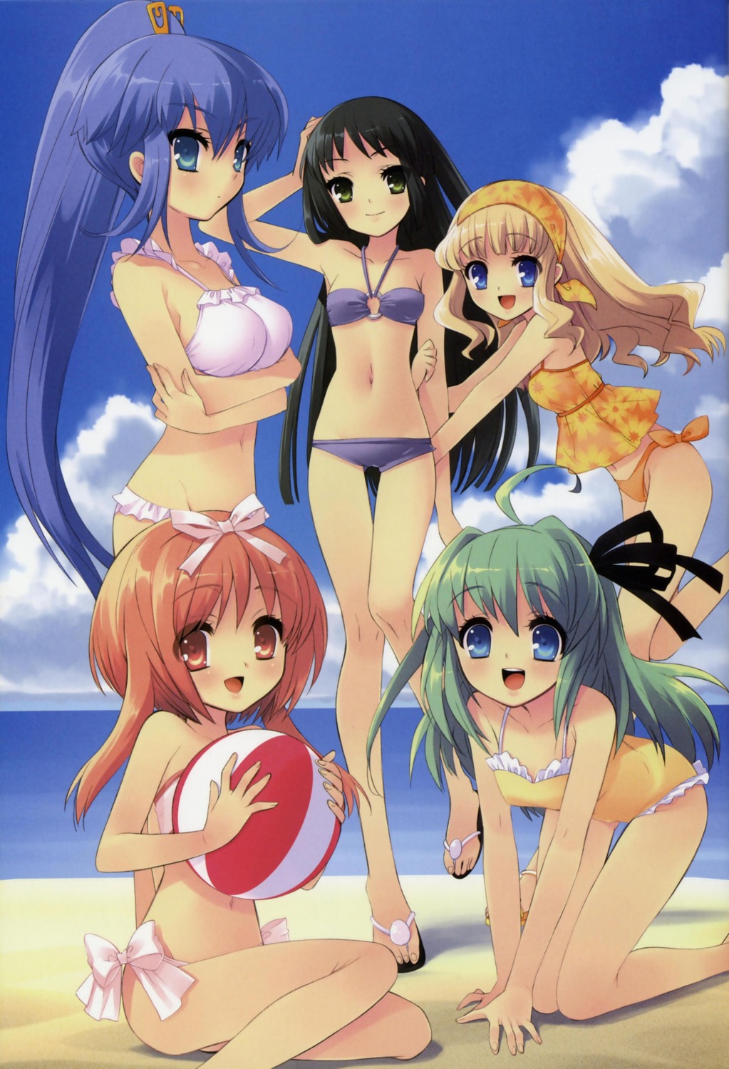 akihime_sumomo, bikini, breast_hold, ito_noizi, koiwai_flora, nanatsuiro_drops, satsuki_julirsia, swimsuits
