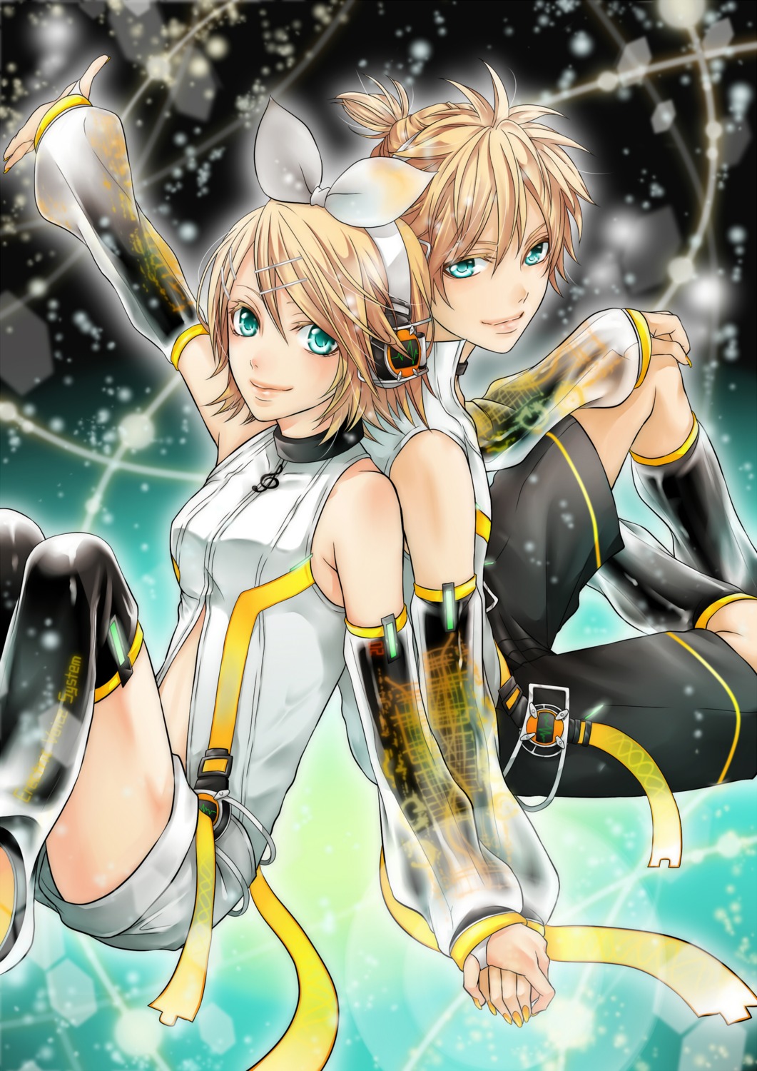 hakuseki, headphones, kagamine_len, kagamine_rin, len_append, rin_append, thighhighs, vocaloid