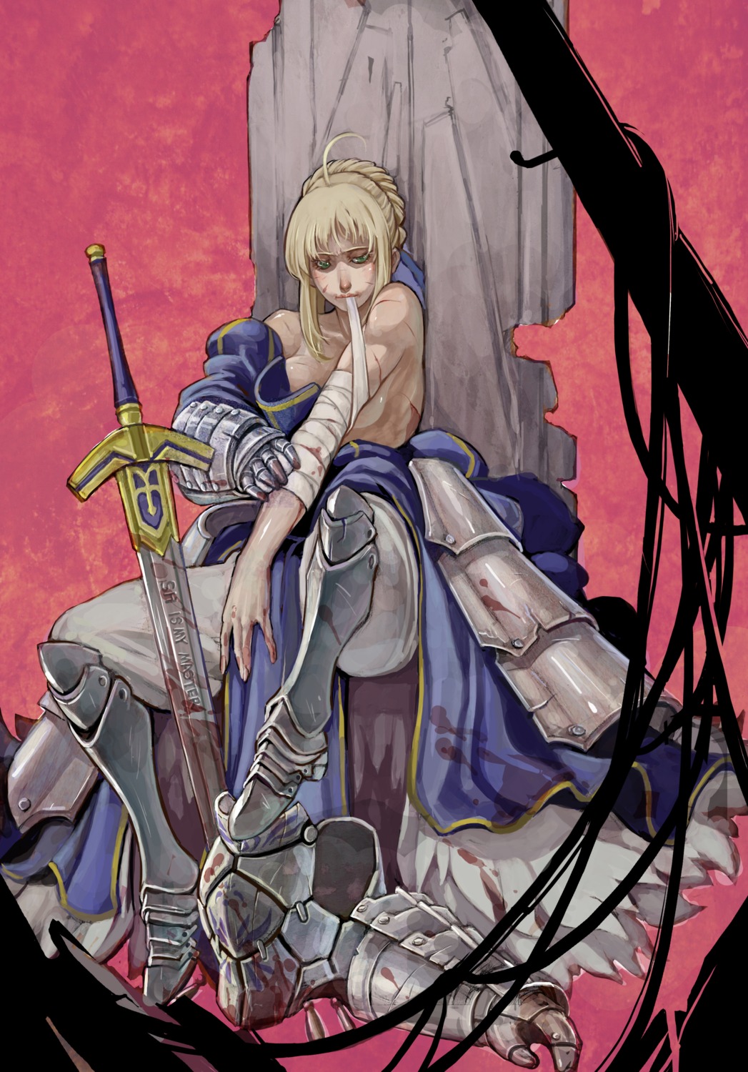 artoria_pendragon_(fate), bandages, blood, fate/stay_night, sanzhuangwangcat, sword