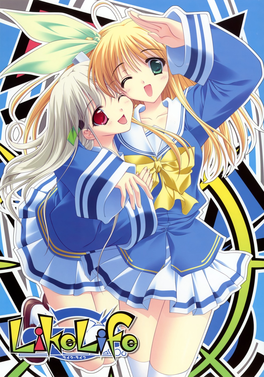 hook, kousaka_himeko, like_life, matsushita_makako, miyasato_yumi, rakko_(maka-rakko), seifuku, thighhighs